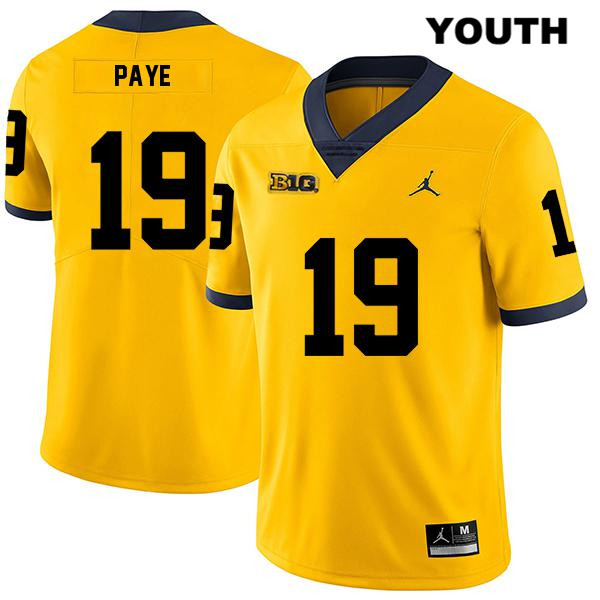 Youth NCAA Michigan Wolverines Kwity Paye #19 Yellow Jordan Brand Authentic Stitched Legend Football College Jersey LM25P28KN